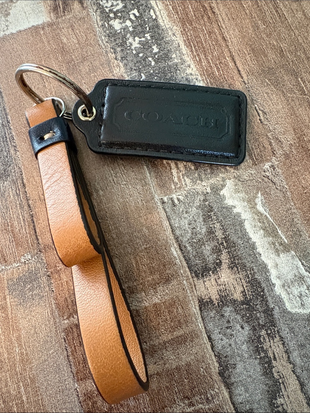 Coach Black Logo Tag with Tan Leather Loop Keychain